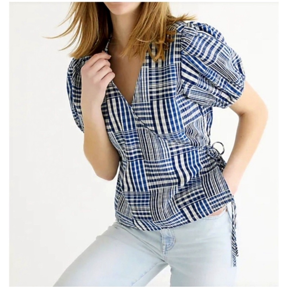 J. Crew Plaid Puff Sleeve Wrap Top - Picture 2 of 8